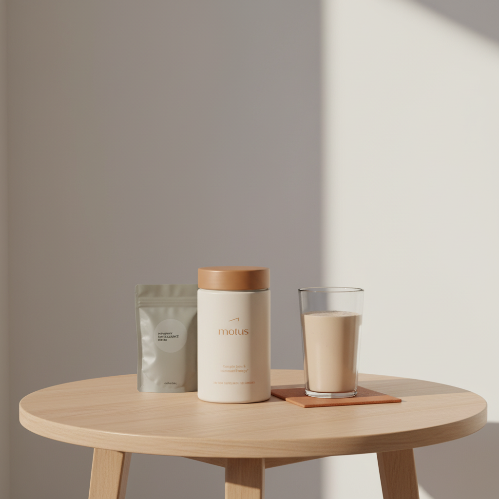 Motus bottle, meal replacement pouch and prepared shake in a minimalist breakfast nook — how much weight can you lose in a month with meal replacement shakes?