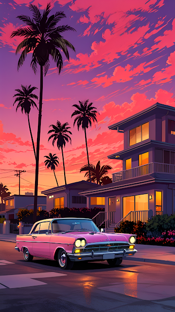 Pink Classic Car Under Neon Sunset Palm Trees Aesthetic - Free mobile Wallpaper
