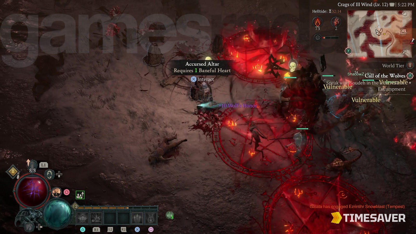 Diablo 4 Helltide event with an Accursed Altar and dense enemy packs — a top gold farm in Season 14
