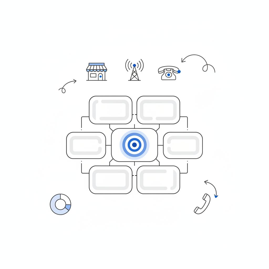 Minimal 2D vector map of a zip-code cluster with concentric target rings, storefront, radio tower, and phone icons in brand colors illustrating radio advertising ROI.