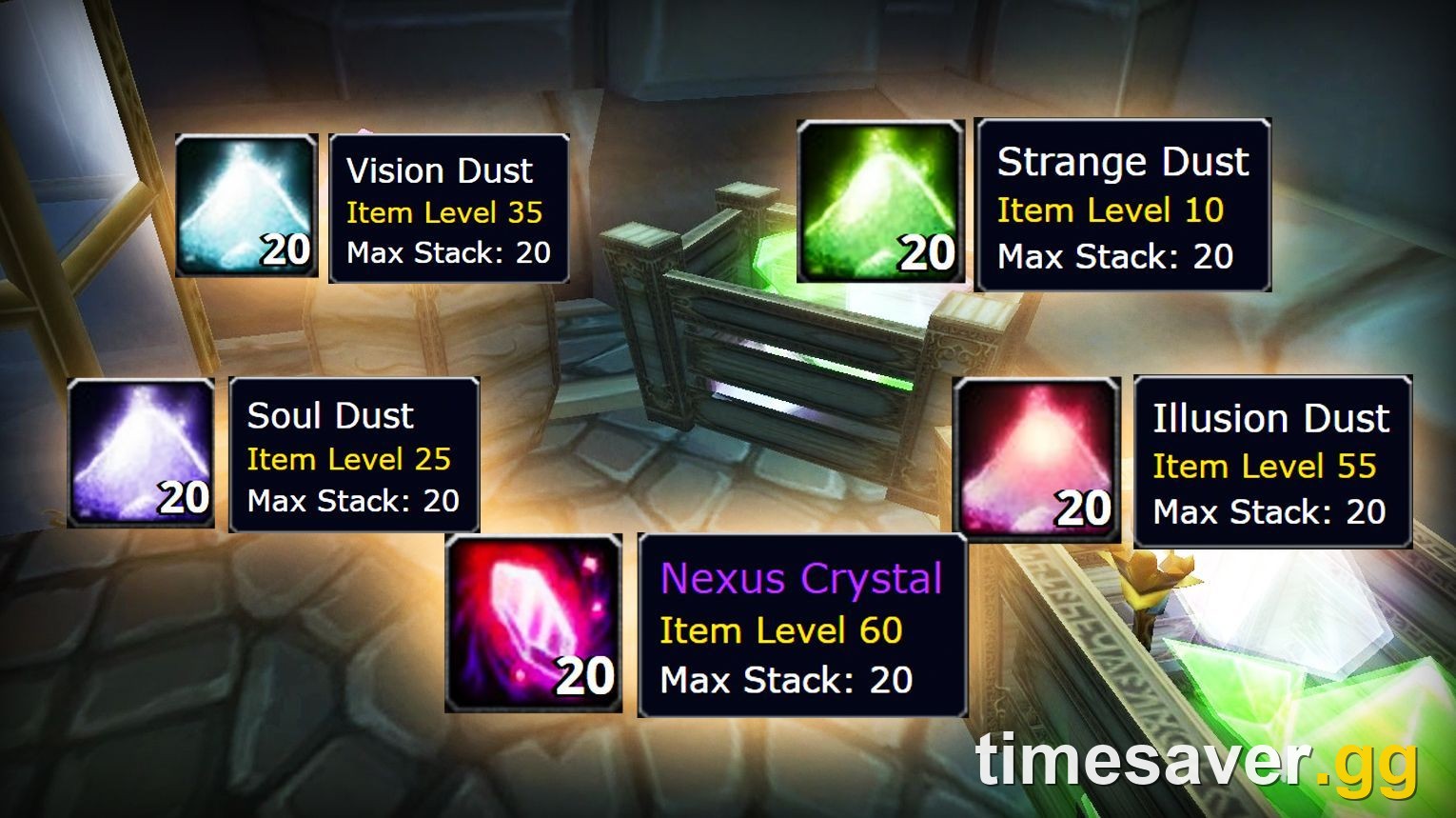 WoW Classic enchanting materials — Strange, Soul, Vision and Illusion Dust plus a Nexus Crystal with tooltips — high-volume crafting mats that flip reliably