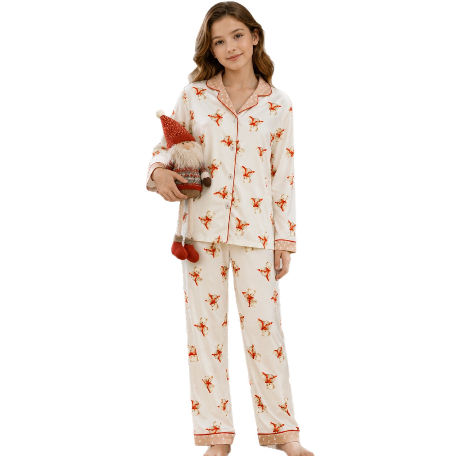 Girls' pajama set with collar and bear print