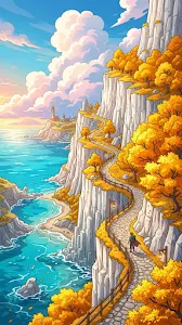 Fantasy Illustration of Golden Autumn Trees on White Coastal Cliffs
