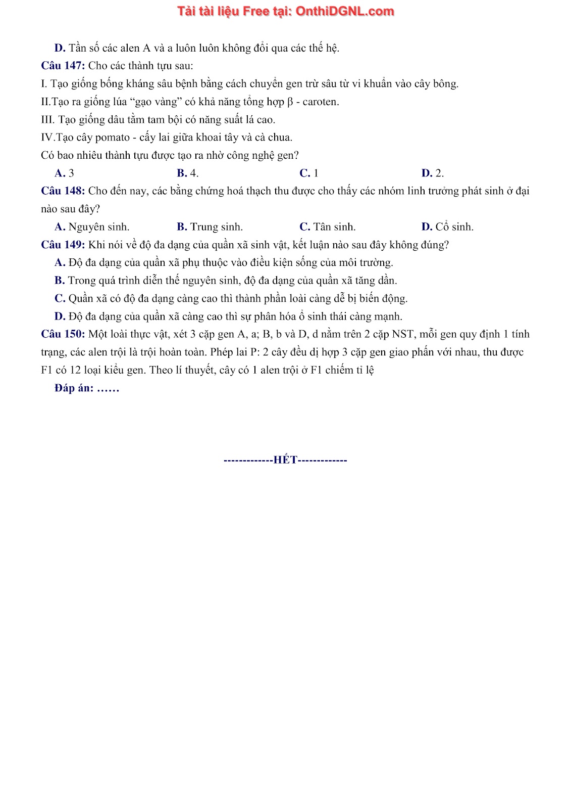 150 bài tập môn Sinh học - Ôn thi ĐGNL ĐHQG HN Phần 5