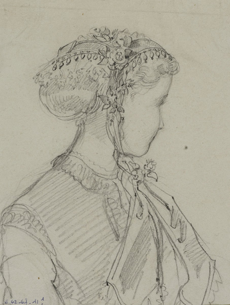Tête féminine avec coiffe fleurie nouée sous le menton 1867