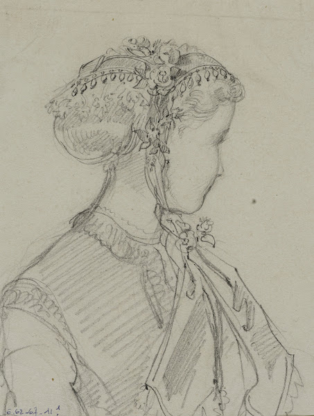 Tête féminine avec coiffe fleurie nouée sous le menton 1867