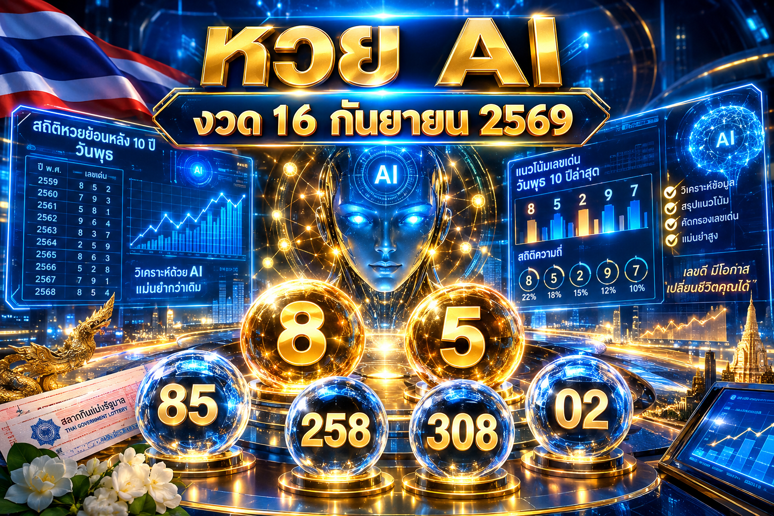 หวย AI งวด 16 กันยายน 2569 ส่องสถิติหวยวันพุธย้อนหลัง 10 ปี เลขเด่น 2 ตัว 3 ตัว