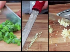 Hành lá rửa sạch, cắt nhỏ. Tỏi bóc vỏ, băm nhuyễn còn gừng nạo nhỏ.