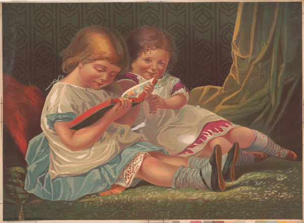 Two young girls reading book 1879