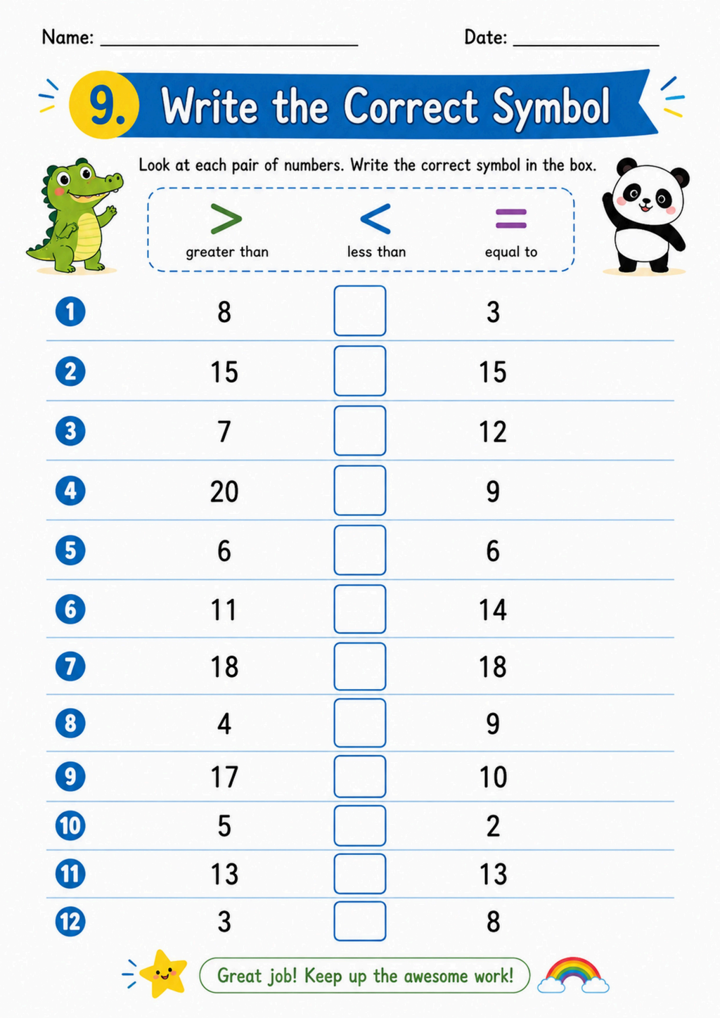 Write the Correct Symbol Worksheet