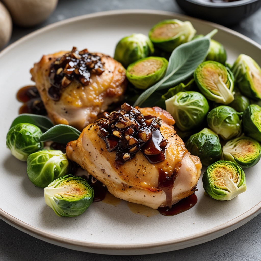 Golden Pan-Seared Chicken Thighs with Fiery Fig & Balsamic Glaze and Crispy Sage Brussels Sprouts