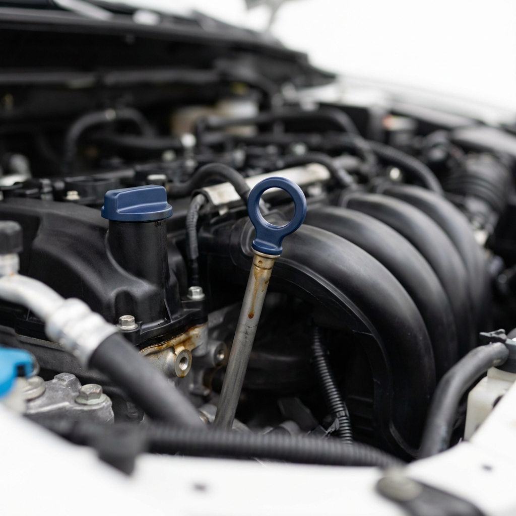 Close up of Subaru Outback engine bay showing light oil staining near the cylinder head with focus on intake manifold and dipstick tube subaru outback for sale