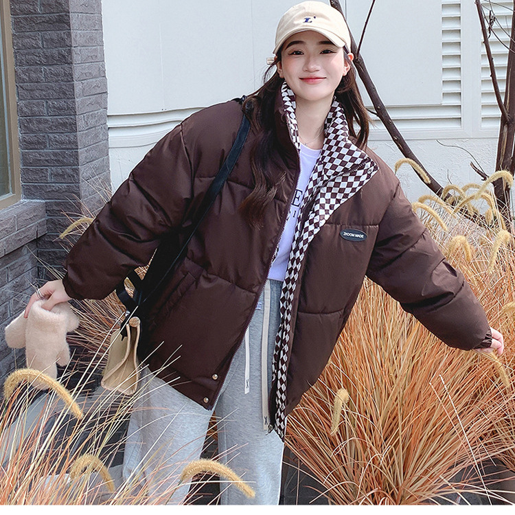 Loose padded winter jacket with stand-up collar