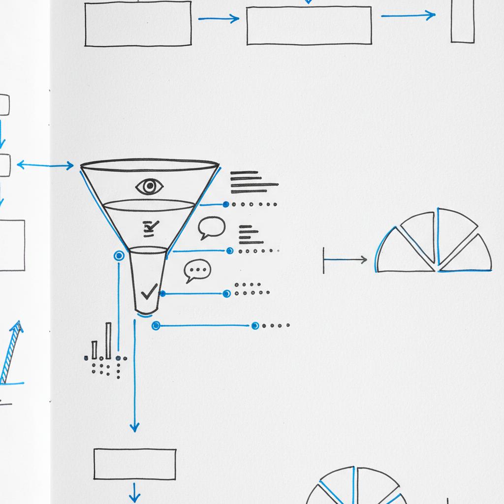 Notebook funnel sketch with awareness, consideration, conversion stages and visual CPM indicators; accent highlights in #1a5bfb &mdash; How much do 1000 impressions cost on TikTok?
