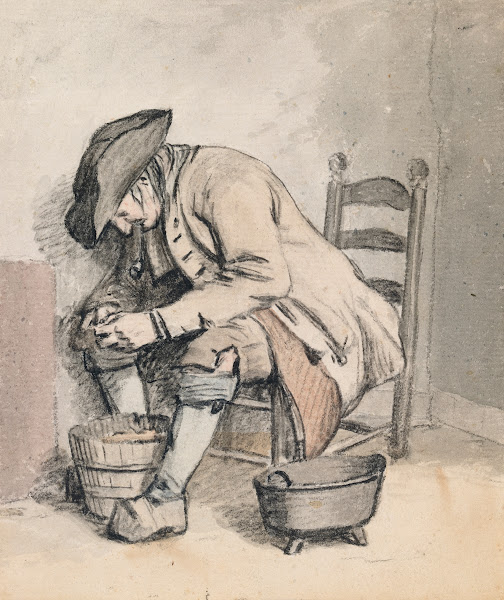 A Seated Man Leaning over a Pail