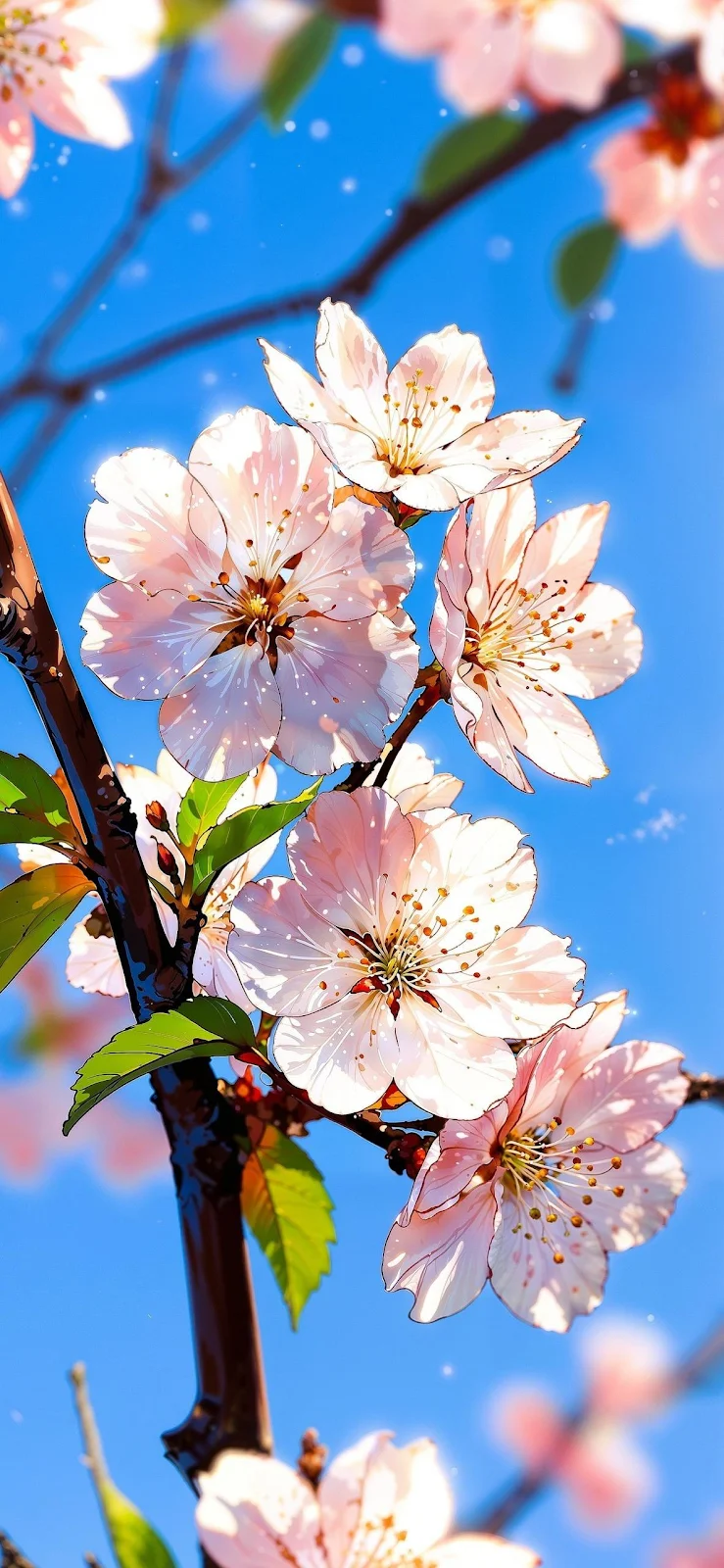 Pink Spring Blossoms Against Blue Sky - Digital Illustration Full HD iPhone Wallpaper (1185x2567)