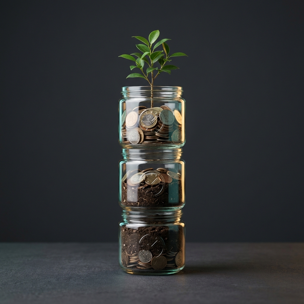 Full frame minimalist still life of three stacked jars with coins and a sapling suggesting save time concept on dark #0f0f0f background with accent highlights #4aa568 and #e6bb5b