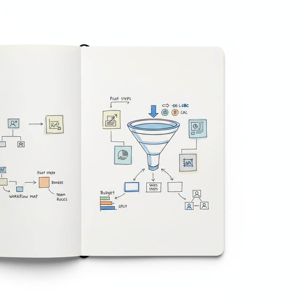 Flat-lay strategic notebook with funnel sketch, sales-step diagrams and sticky-note pilot sketches illustrating lead generation process and pricing &mdash; lead generation agency pricing