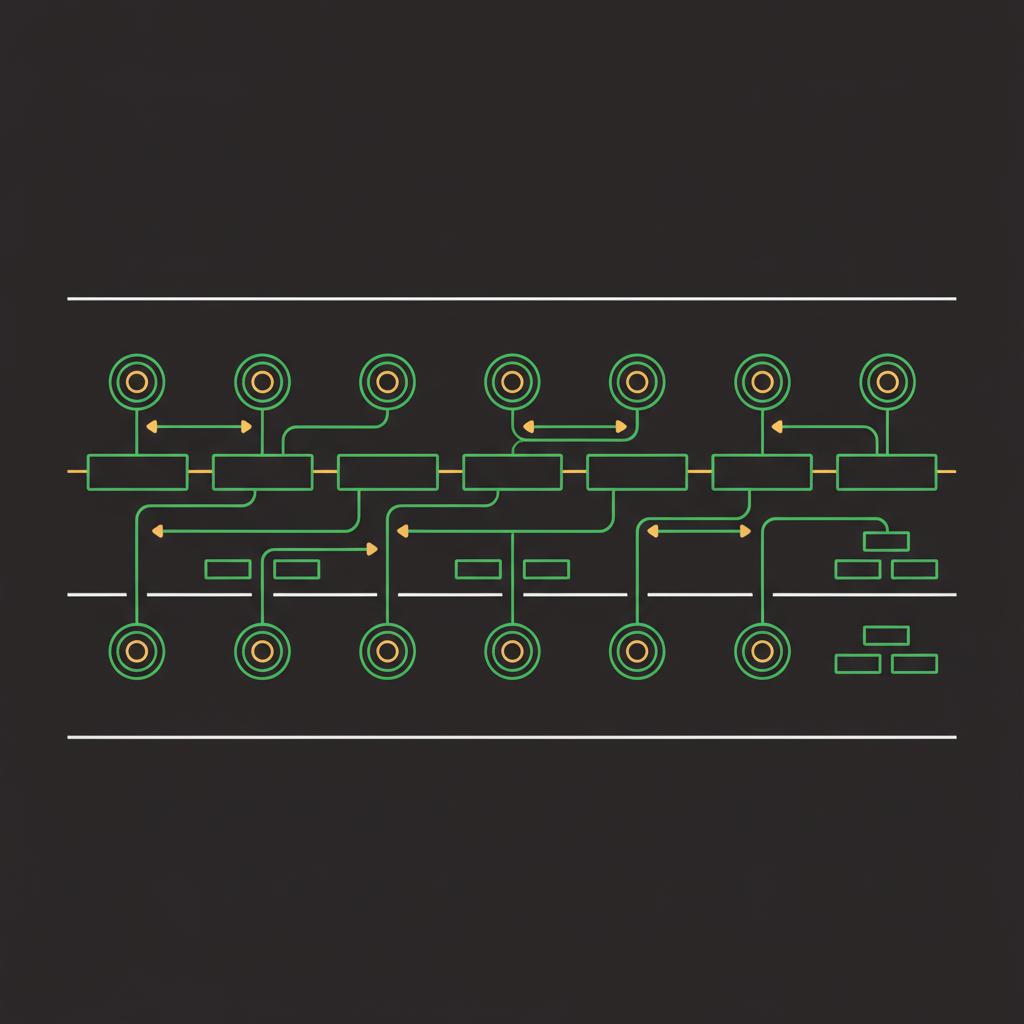 Minimalist 2D vector schematic of blockchain nodes and flows on deep charcoal background with green connections and gold accents illustrating crypto market