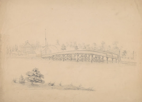 Bridge with wooden truss with houses and a mill on the far side of the water per