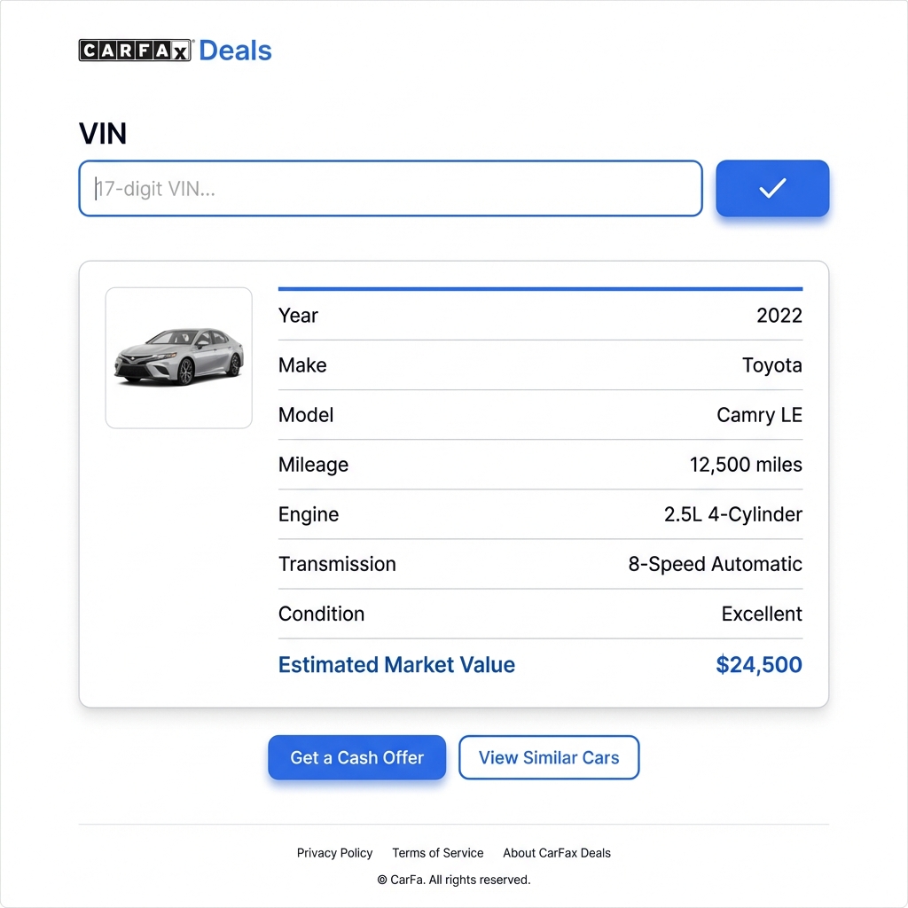 Screenshot style valuation page with a VIN entry field and decoded vehicle specs list for vin lookup kbb in CarFax Deals brand colors white and blue