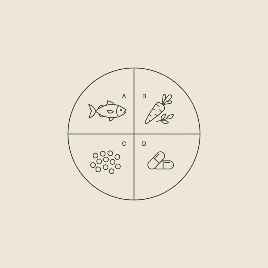 Minimal vector line illustration of a divided plate showing fish, vegetables, quinoa and a supplement capsule on a beige background — how to lose weight without gluten