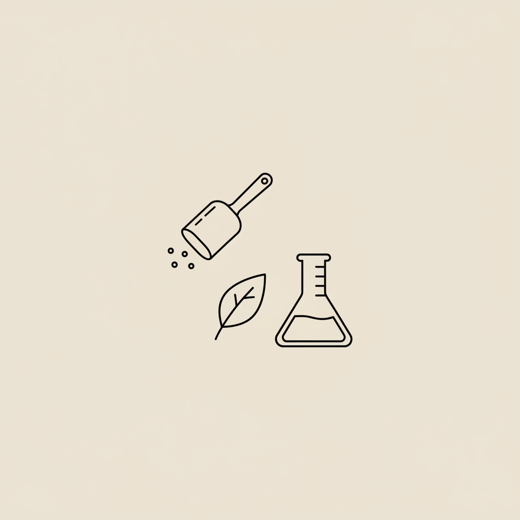Minimalist Tonum-style line illustration of a protein scoop, small leaf, and lab beaker on beige background — best protein powder for weight loss and toning