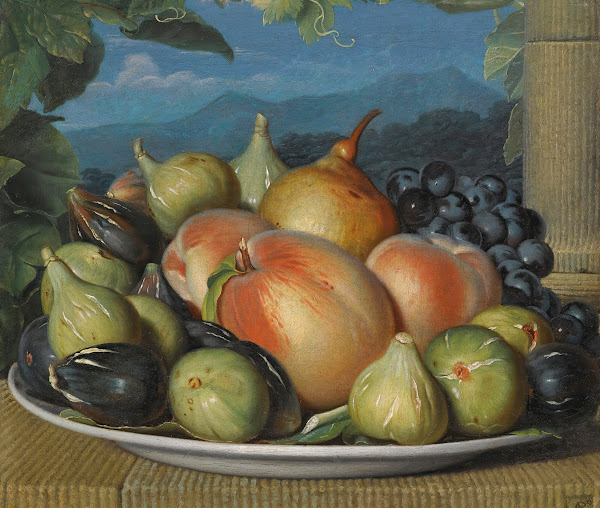 A Still Life With Figs Peaches A Pear And Black Grapes On A White Dish An Extens