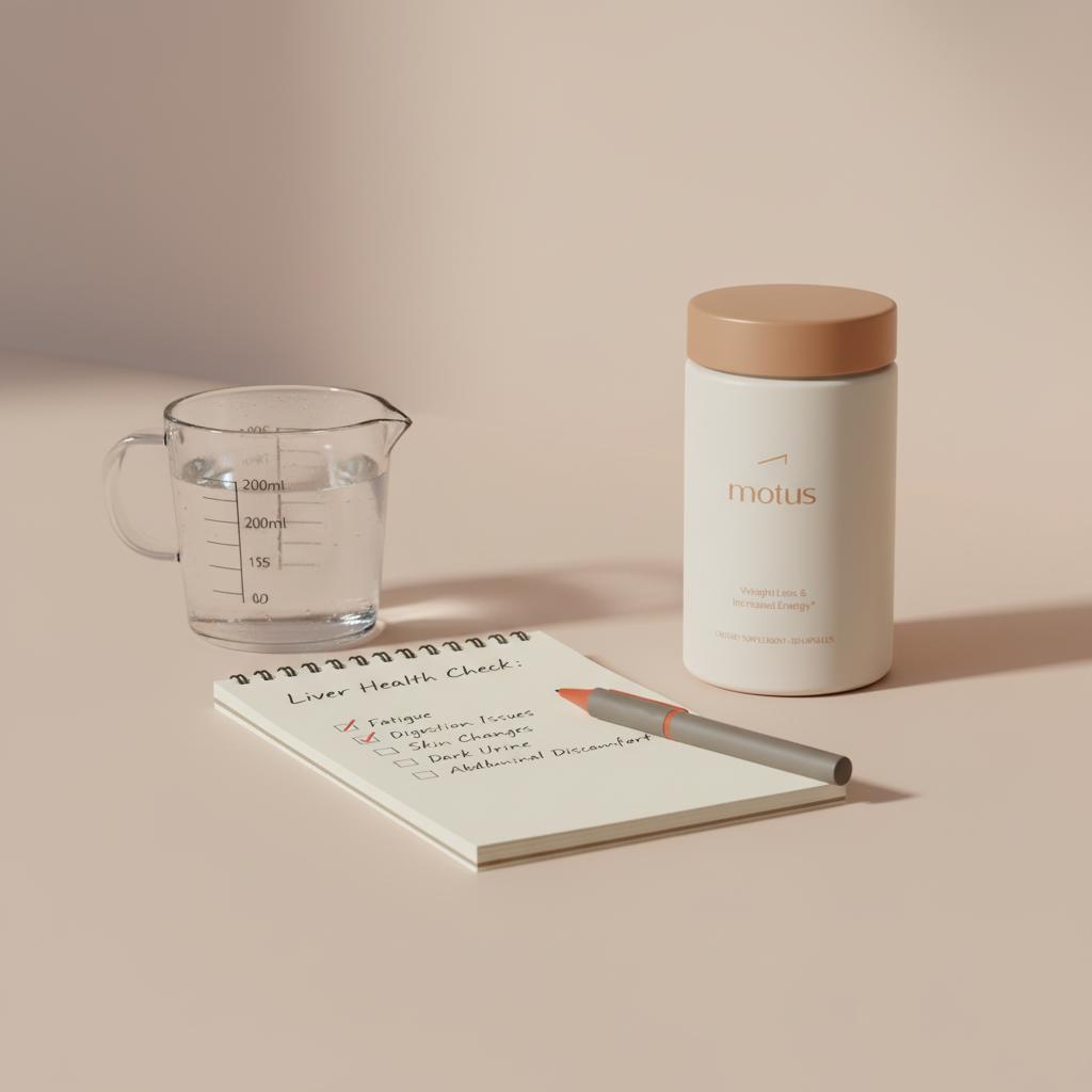 Minimalist countertop scene with Tonum Motus bottle, measured glass of water and a notepad checklist highlighting signs of a liver problem in calm Tonum brand colors.