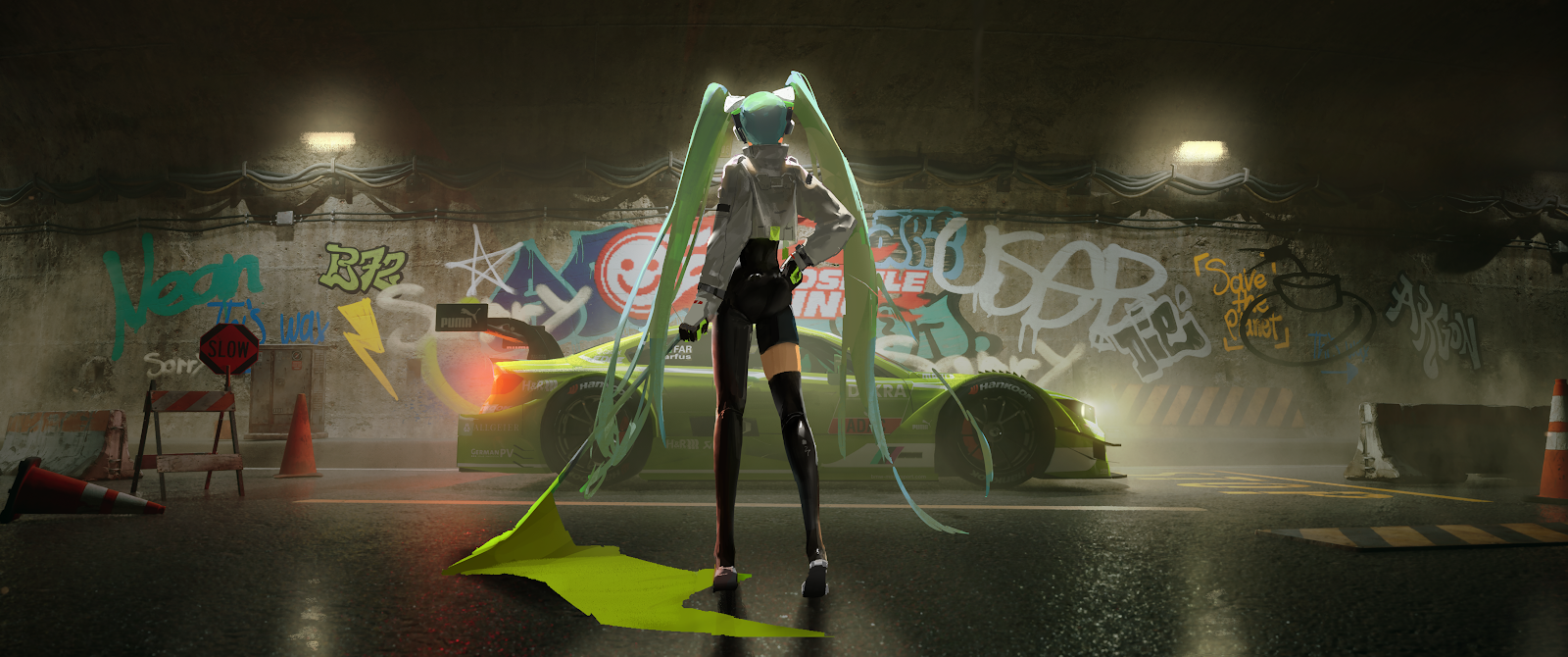 Hatsune Miku In Urban Garage - Digital Illustration 4K Wallpaper (6000x2511)
