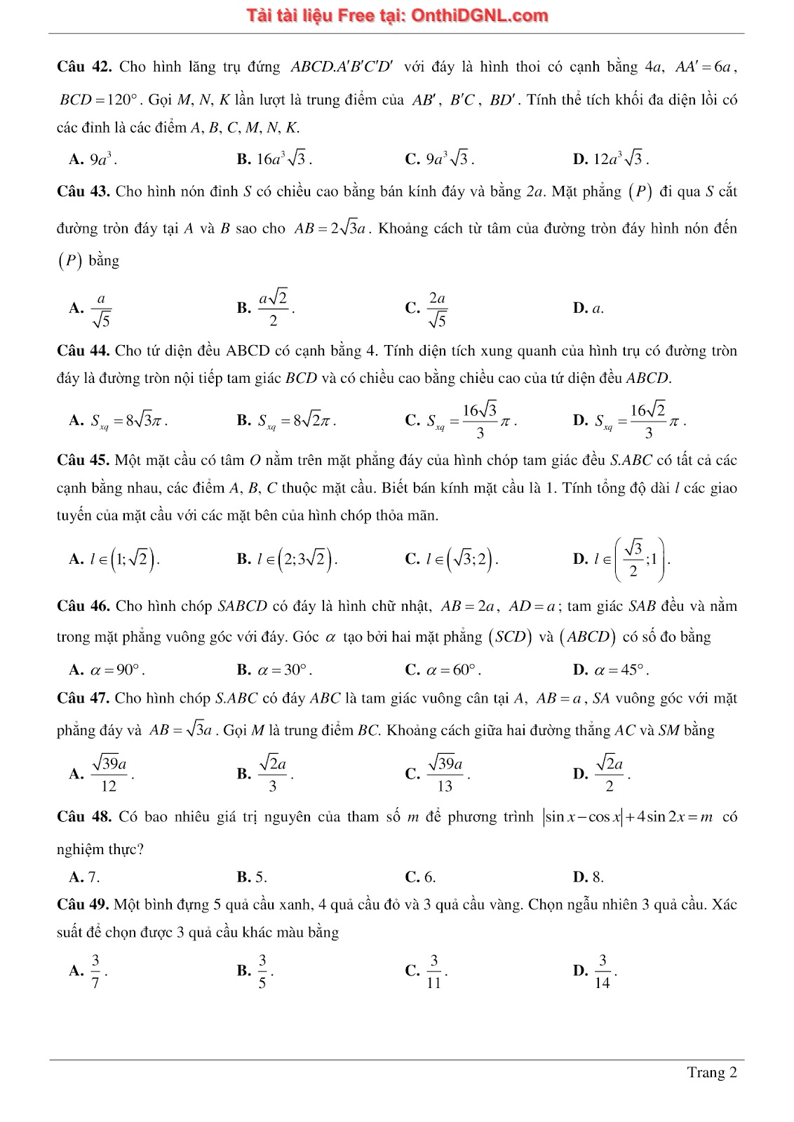 475 bài tập môn Toán - Ôn thi ĐGTD ĐH Bách Khoa Hà Nội Phần 8