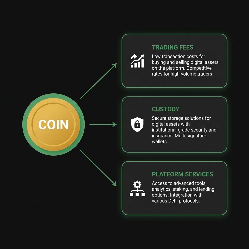 Minimal infographic showing central COIN fintech crypto exchange with arrows to trading fees custody and platform services on dark brand background stocks coin