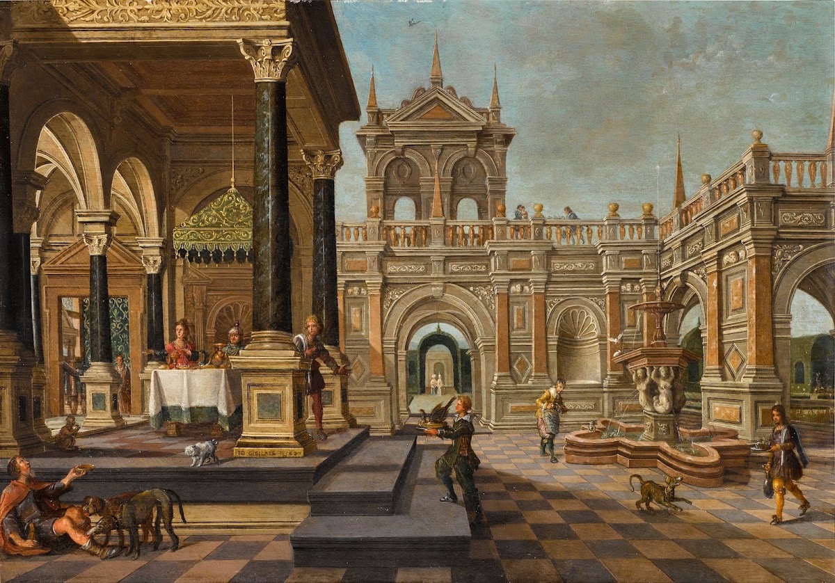 A fantastical palace courtyard with Dives in the house of Lazarus 1627
