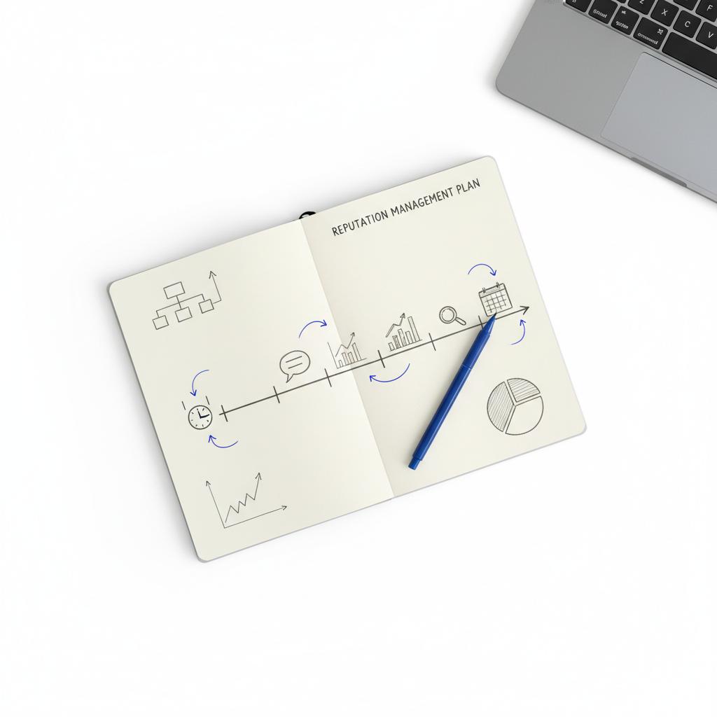 Top-down flat-lay of a notebook with a pencil timeline and small sketches illustrating a reputation management plan, blue accent pen and laptop edge on white background.
