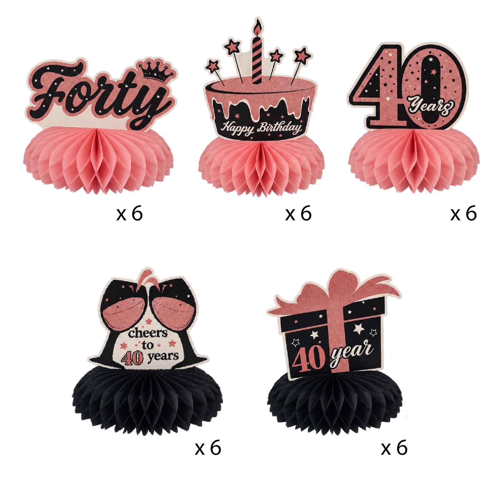40th Birthday Decorations for Women, Rose Gold and Black Honeycomb Centerpieces for Tables, Cheers to 40 Years Birthday Party Decorations, Birthday Complete Decorations Kit for Her, 6 Packs view 3
