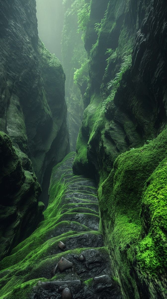 Misty Mossy Stone Stairs Image