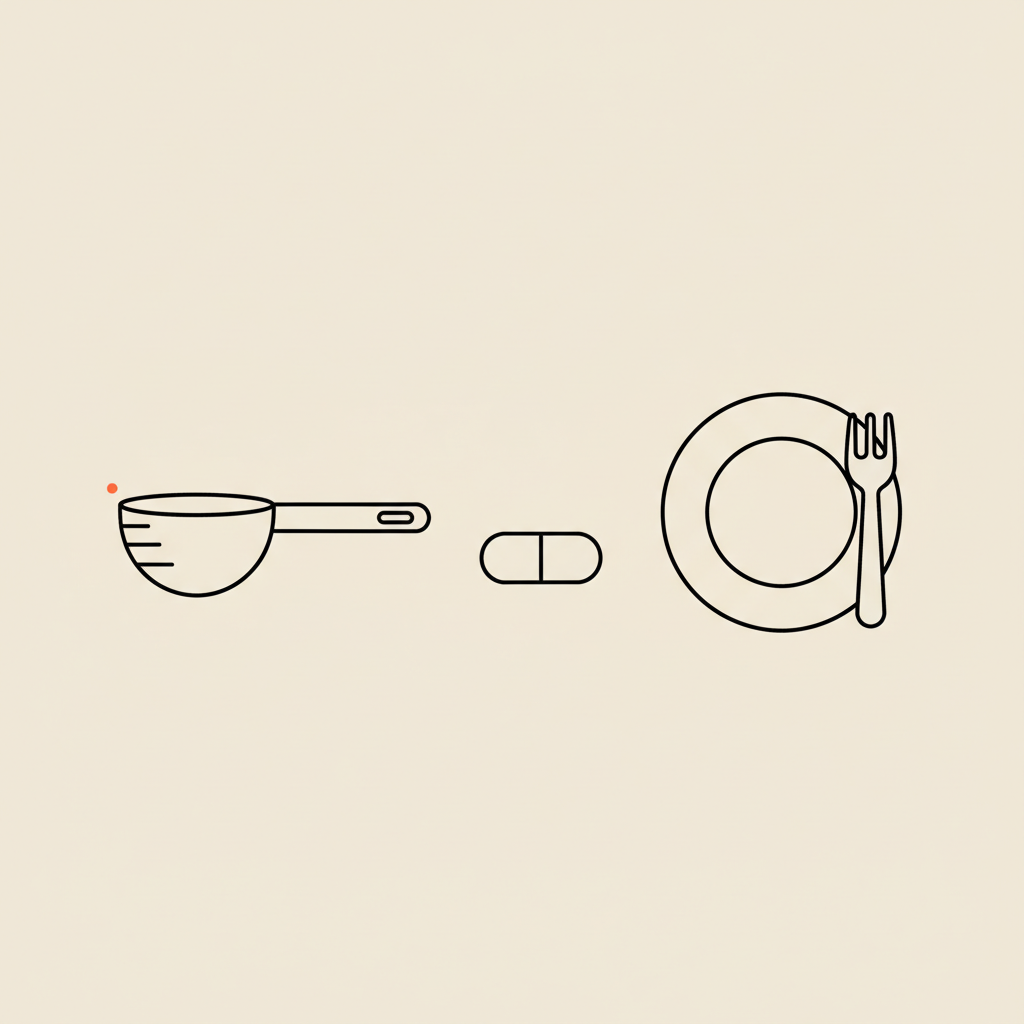 Minimal 2D line illustration of a protein scoop, capsule, and plate with fork on beige background, representing whey protein isolate for weight loss