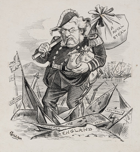 Caricature of President Chester Arthur here accused of using the Treasury surplu