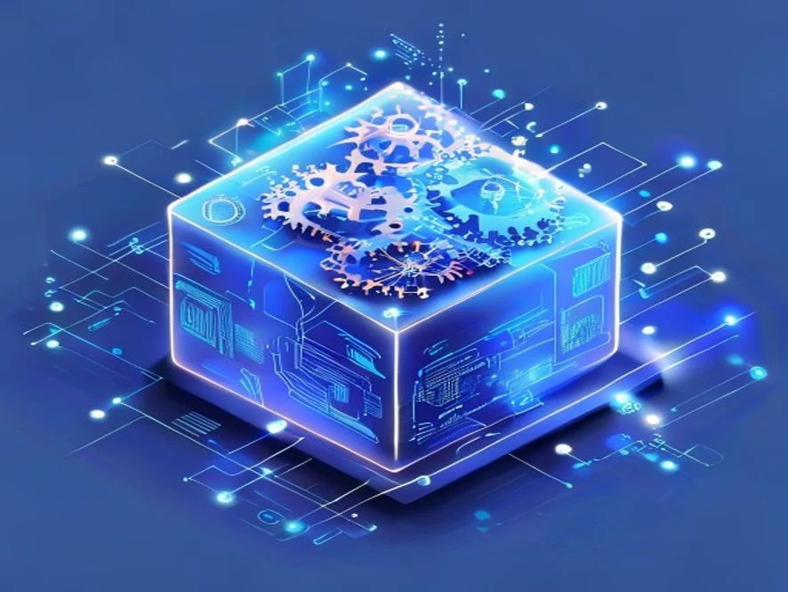 AI 시대의 소프트웨어 품질관리와 시스템 아키텍처 구조를 시각화한, 푸른빛의 회로와 기어 모양이 결합된 입체적인 디지털 큐브 일러스트