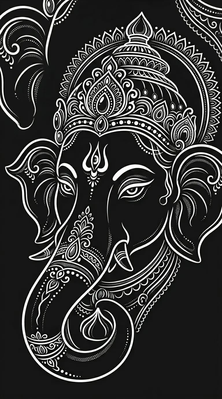 Minimalist White Line Art of Lord Ganesha Head on Black Background - Free 4K mobile Wallpaper