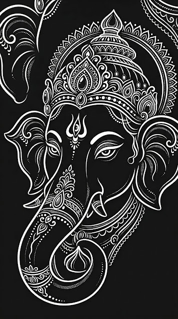Minimalist White Line Art of Lord Ganesha Head on Black Background - Free mobile Wallpaper