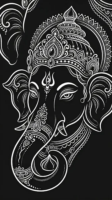 Minimalist White Line Art of Lord Ganesha Head on Black Background