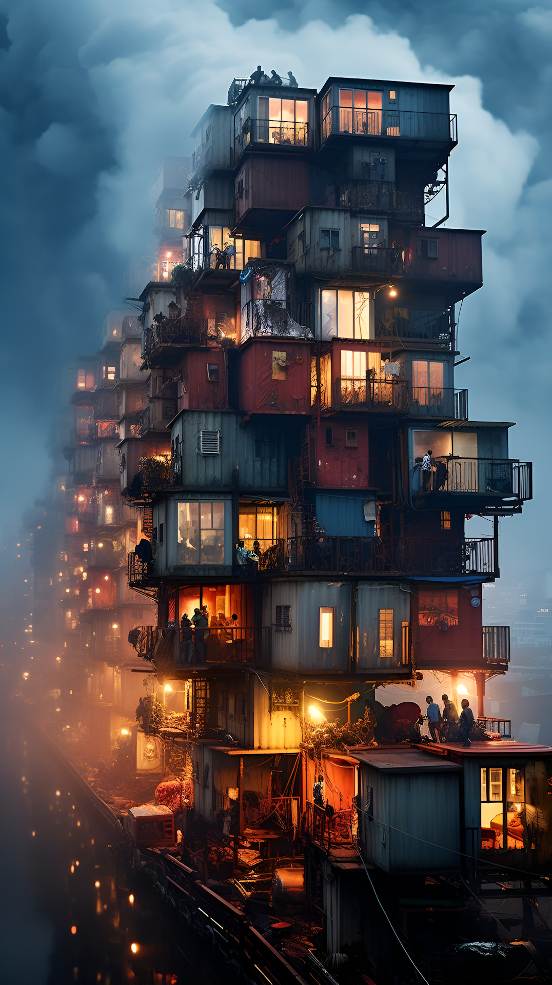 Futuristic Container City Stacked Housing, Cyberpunk Slum - Free 4K mobile Wallpaper