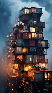Futuristic Container City Stacked Housing, Cyberpunk Slum