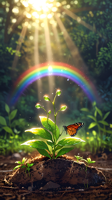 Butterfly Rests on Sprout Under Rainbow in Sunlit Forest - Free mobile Wallpaper