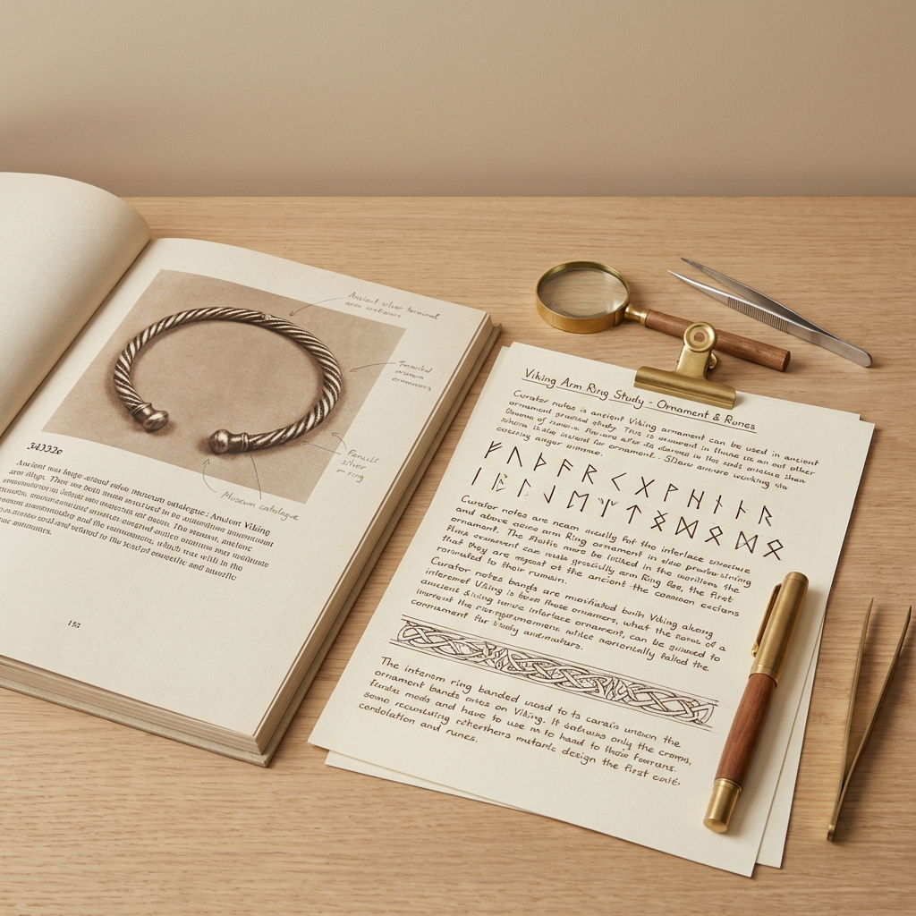 Photograph of curator notes and annotated museum catalogue page with sketches of ornament bands and runic shapes focusing on an ancient viking arm ring study