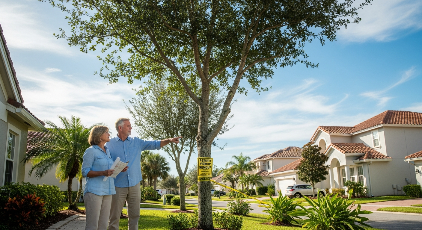 Couple looking at houses, pointing at a tree with a For Sale sign, sunny residential street.