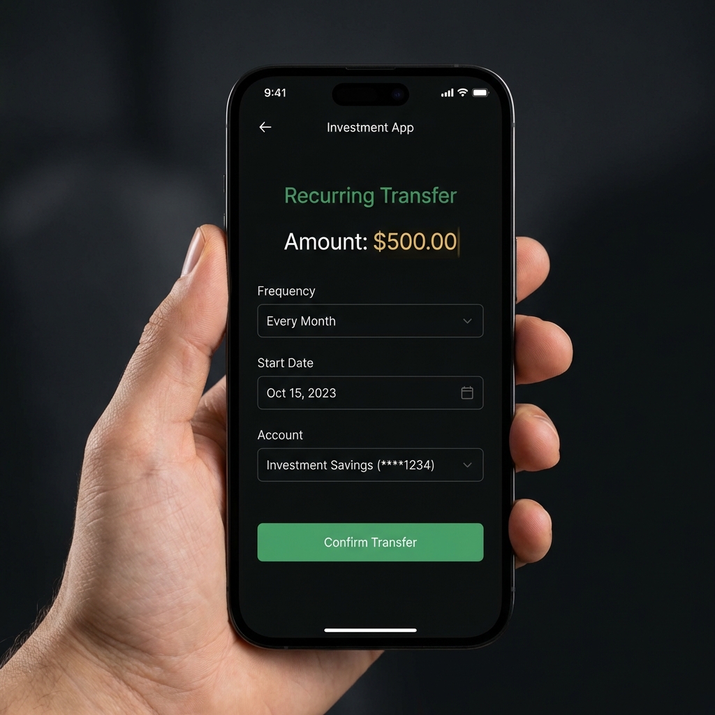 Close up of hand holding smartphone showing investment app recurring transfer screen minimalist dark Finance Police background showing recurring amount and schedule how to begin investing
