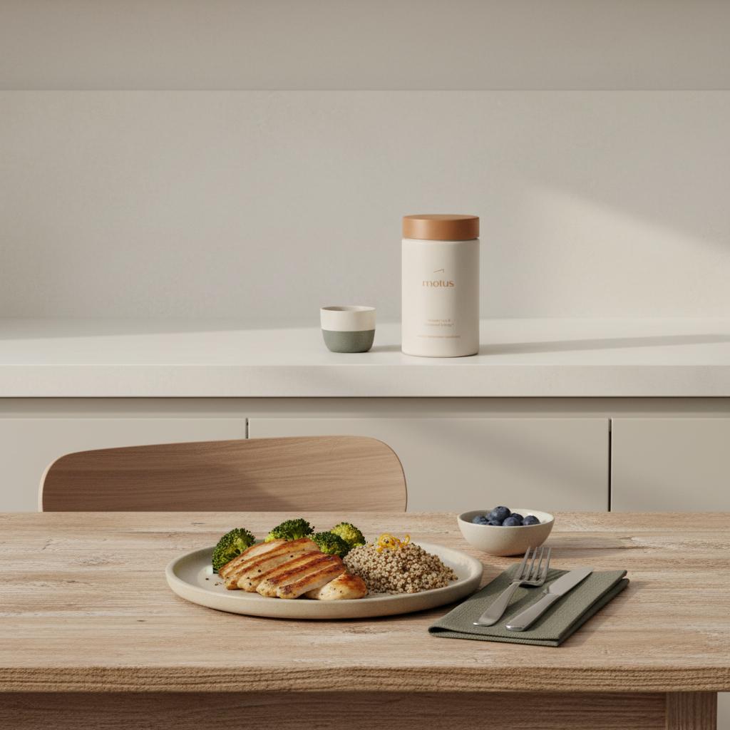 Minimal kitchen table with a single balanced plate and Tonum Motus on the counter, illustrating the 80% rule in eating in a calm, minimalist scene.