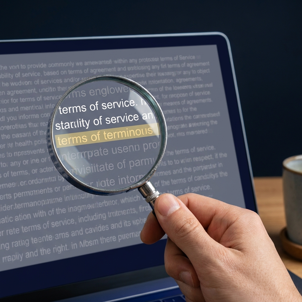 Close up of a hand highlighting terms of service text on a laptop screen with magnifying glass minimalist Funded Plays darkhorseodds
